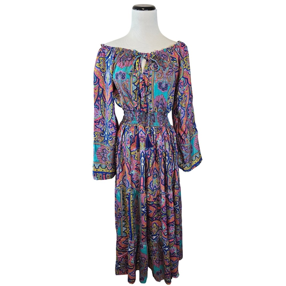 White Waves Silk Blend Paisley Maxi Dress‎ Boho Off Shoulder Smocked Waist Small